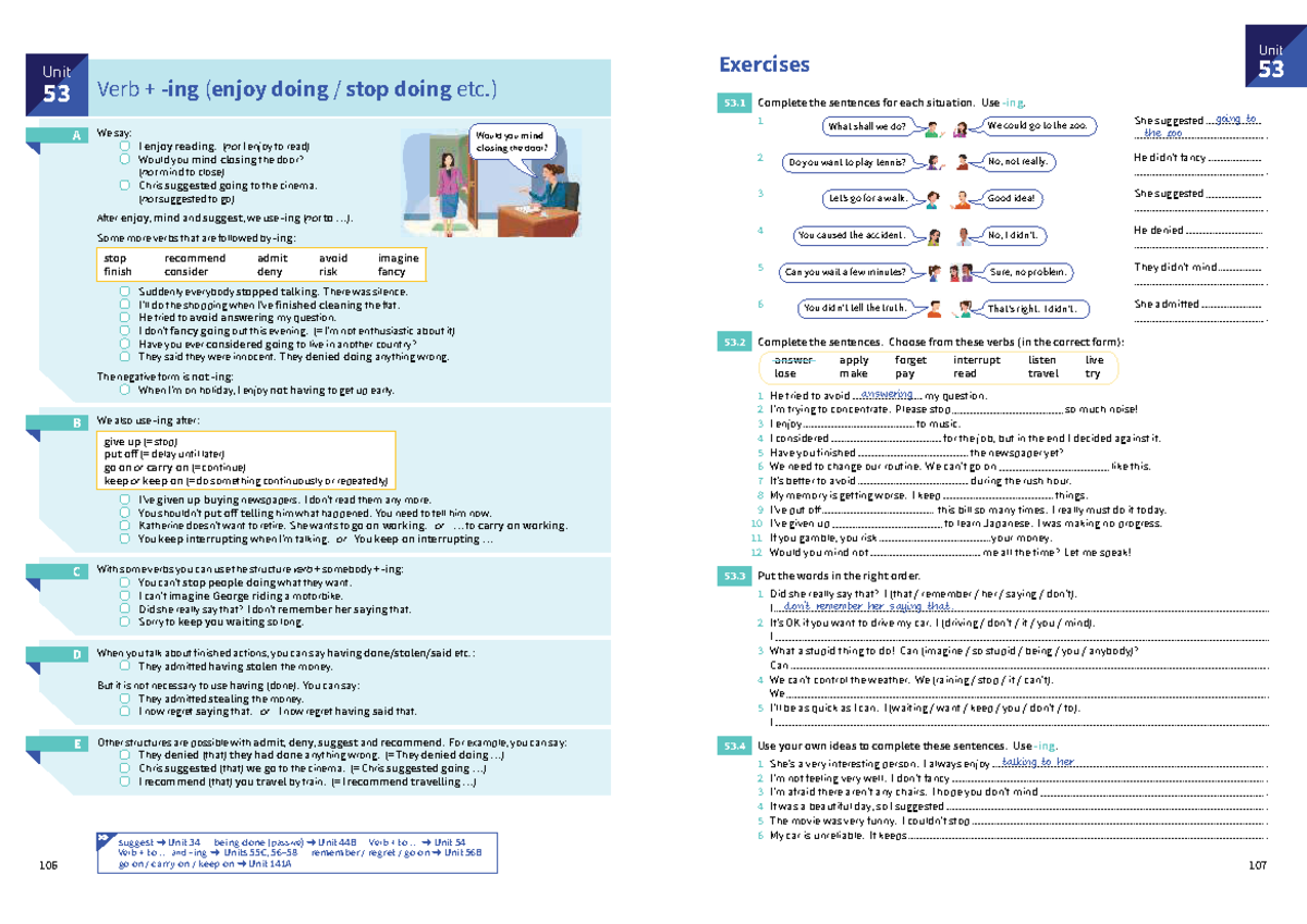 Grammar Exercise: Verb + -ing Usage and Examples - Unit 53 - Studocu