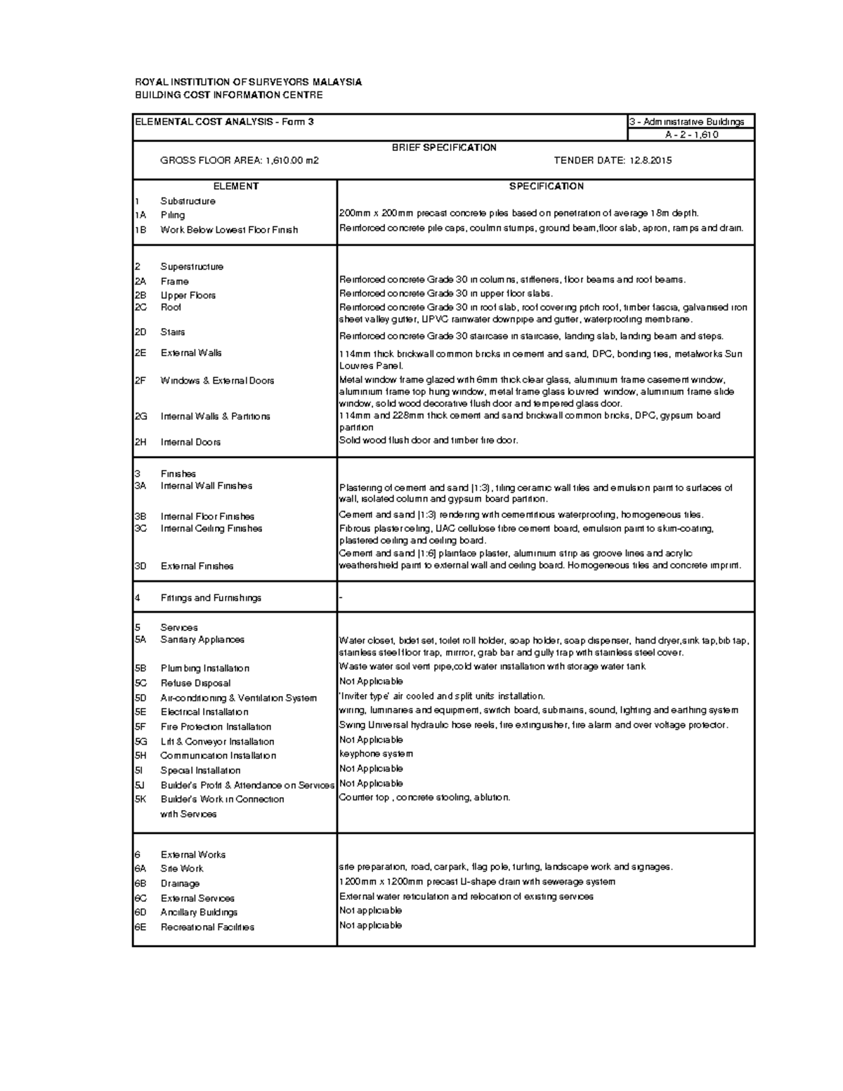 ECA-Form 3: Elemental Cost Analysis for Admin Buildings - Studocu
