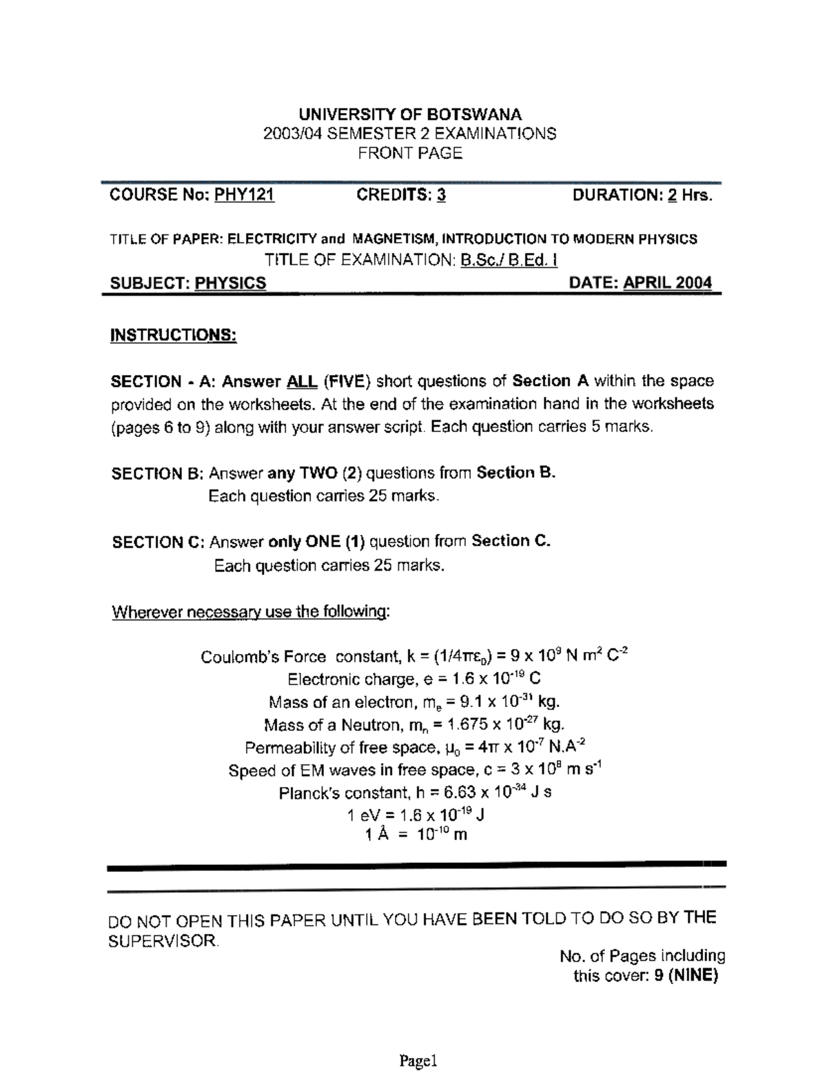 PHYSICS 122 SEM 1 PRACTICE EXAMS: ELECTRICITY & MAGNETISM - Studocu