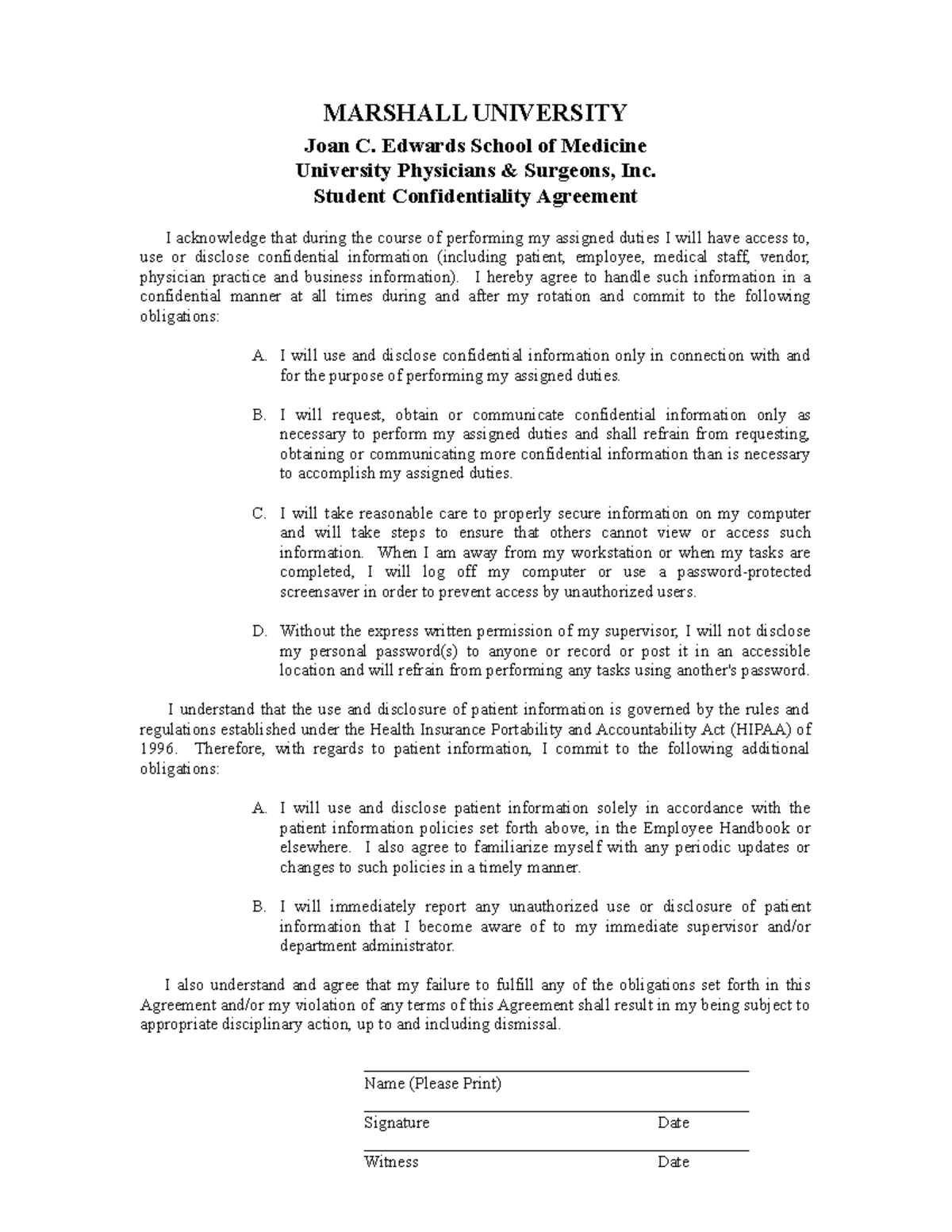 Student Confidentiality Agreement - Joan C. Edwards School of Medicine ...