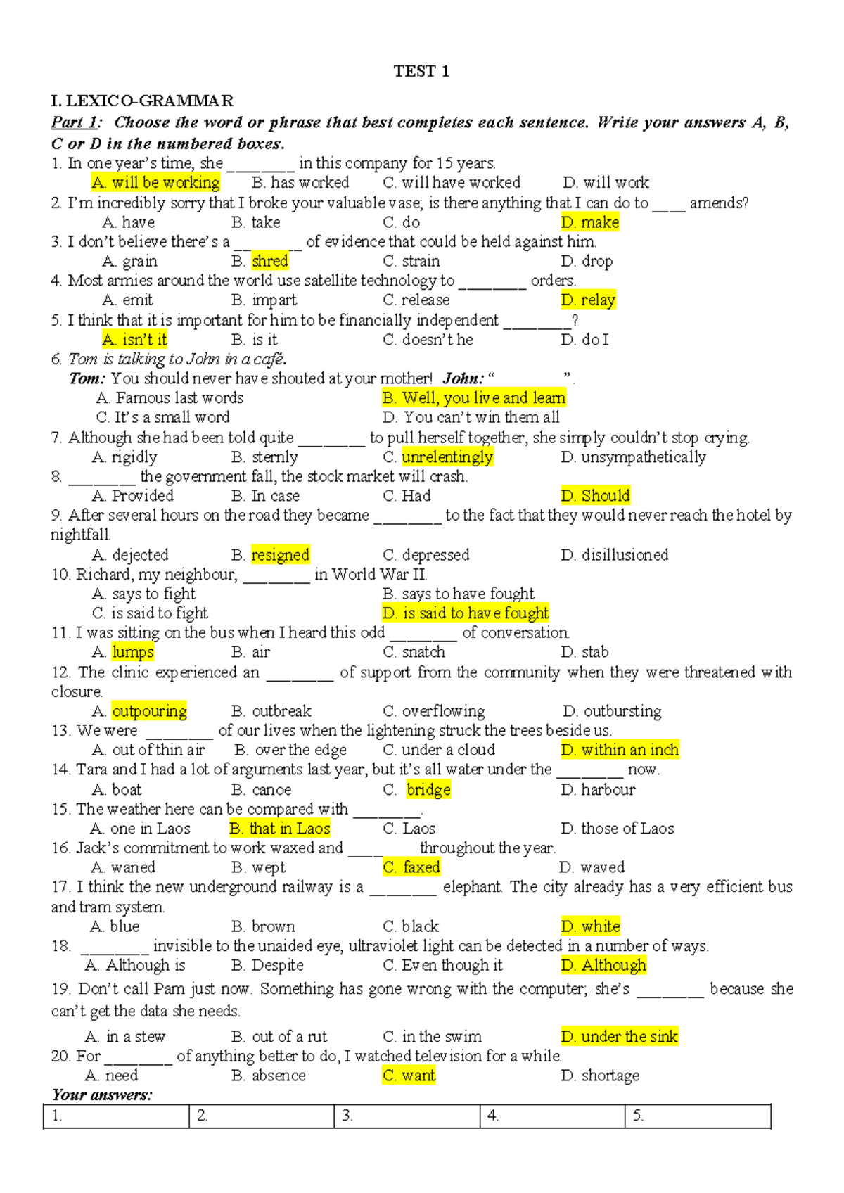 TEST 1 - Vocabulary and Grammar Exercises for English Proficiency - Studocu