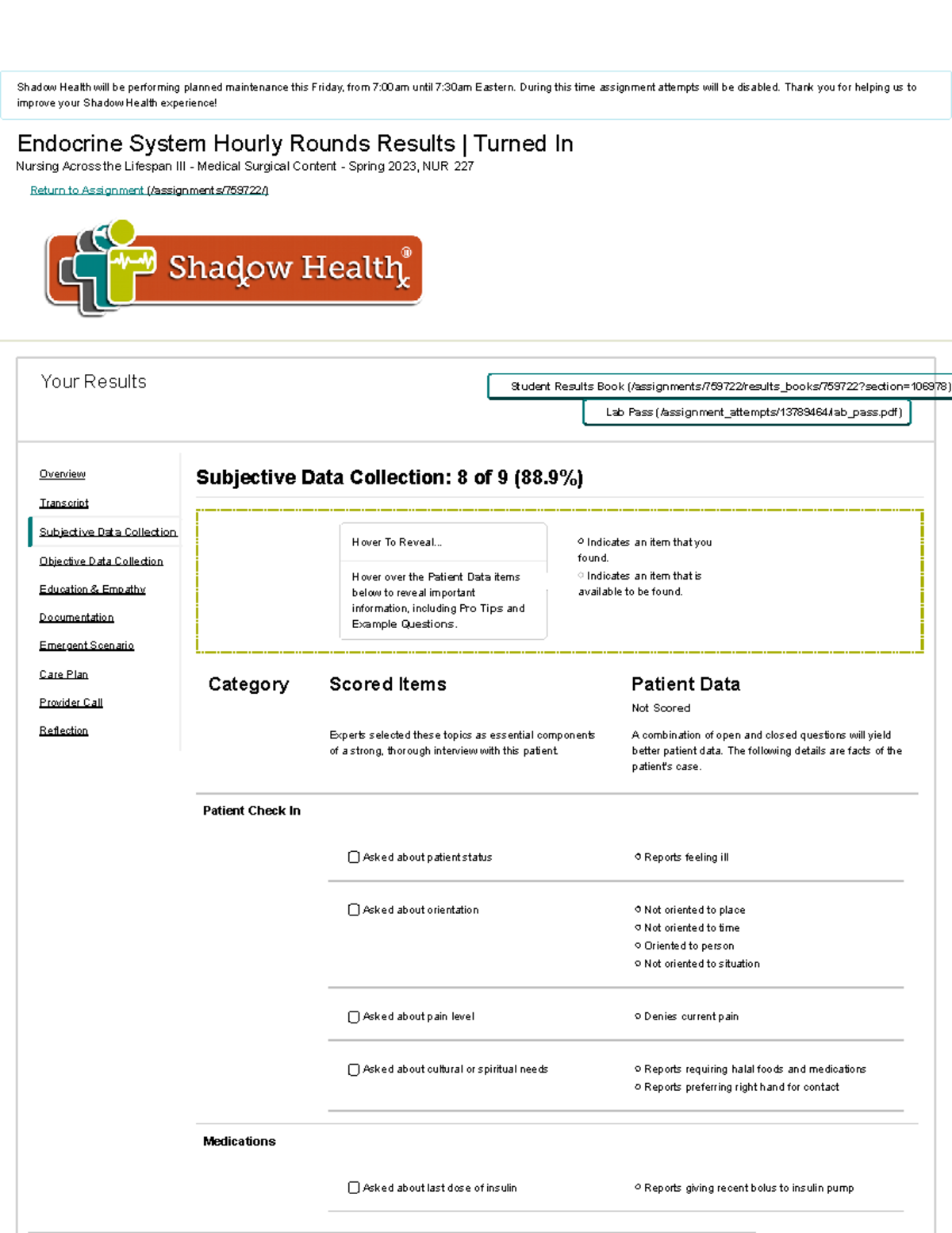 Shadow Health Endocrine System Hourly Rounds Results   subjective ...