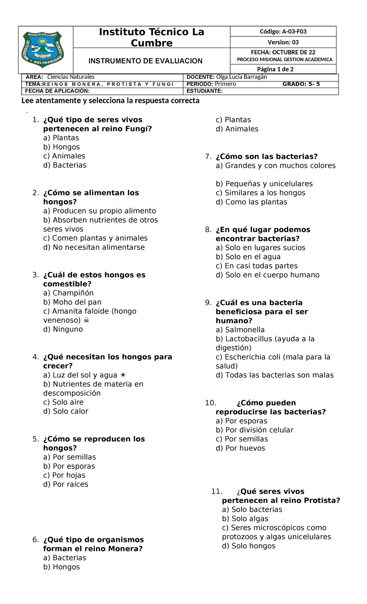 Evaluación III Ciencias Naturales - Reino Monera, Protista y Fungi - Studocu
