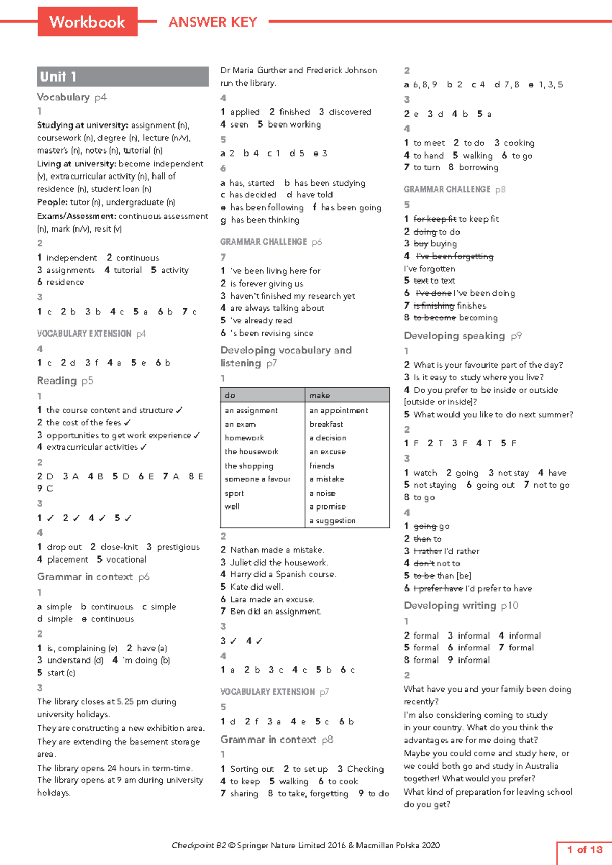 Checkpoint B2 WB Vocabulary and Grammar Answer Key - Studocu
