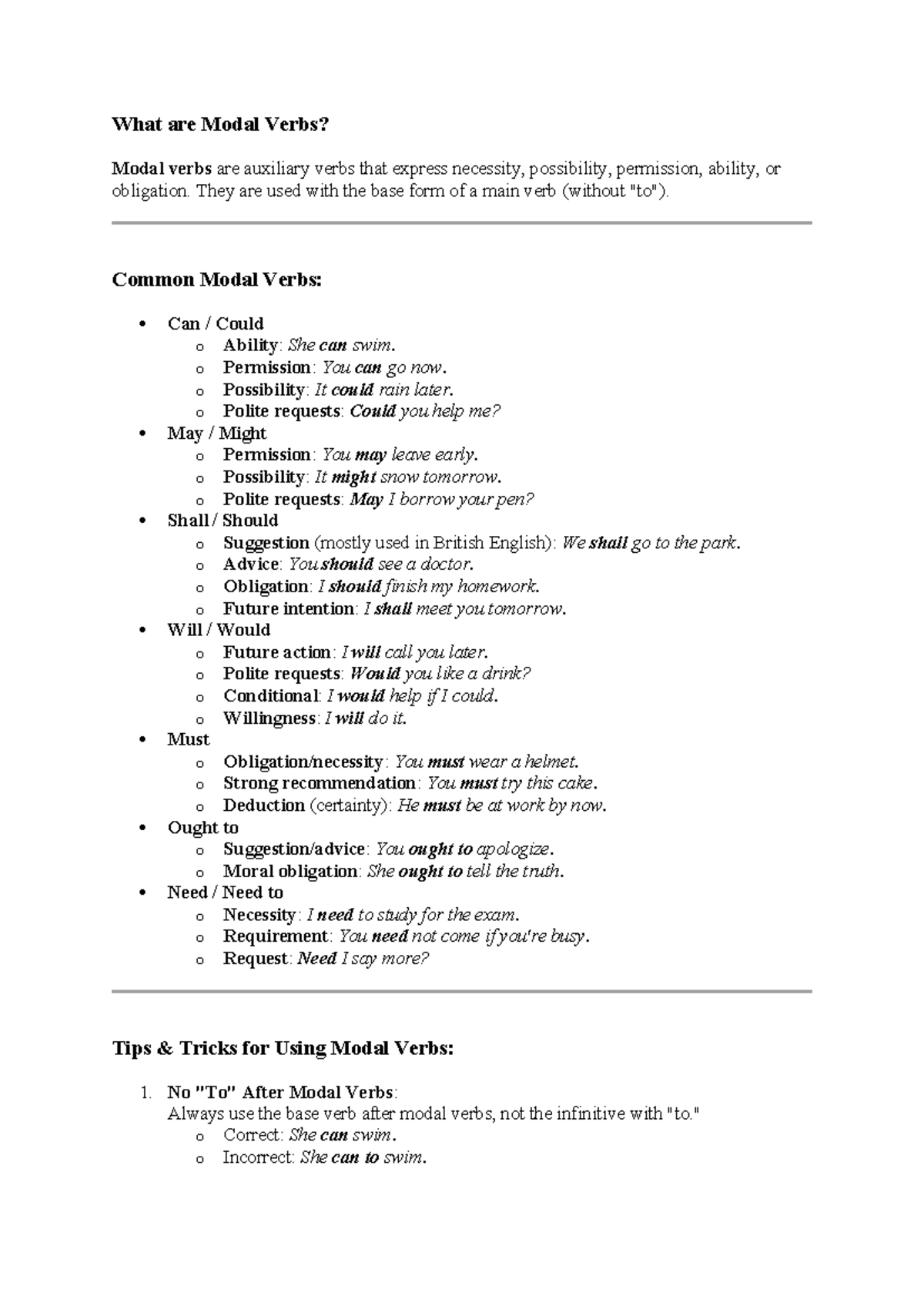 Modal Verbs Cheat Sheet: Understanding Usage and Examples - Studocu