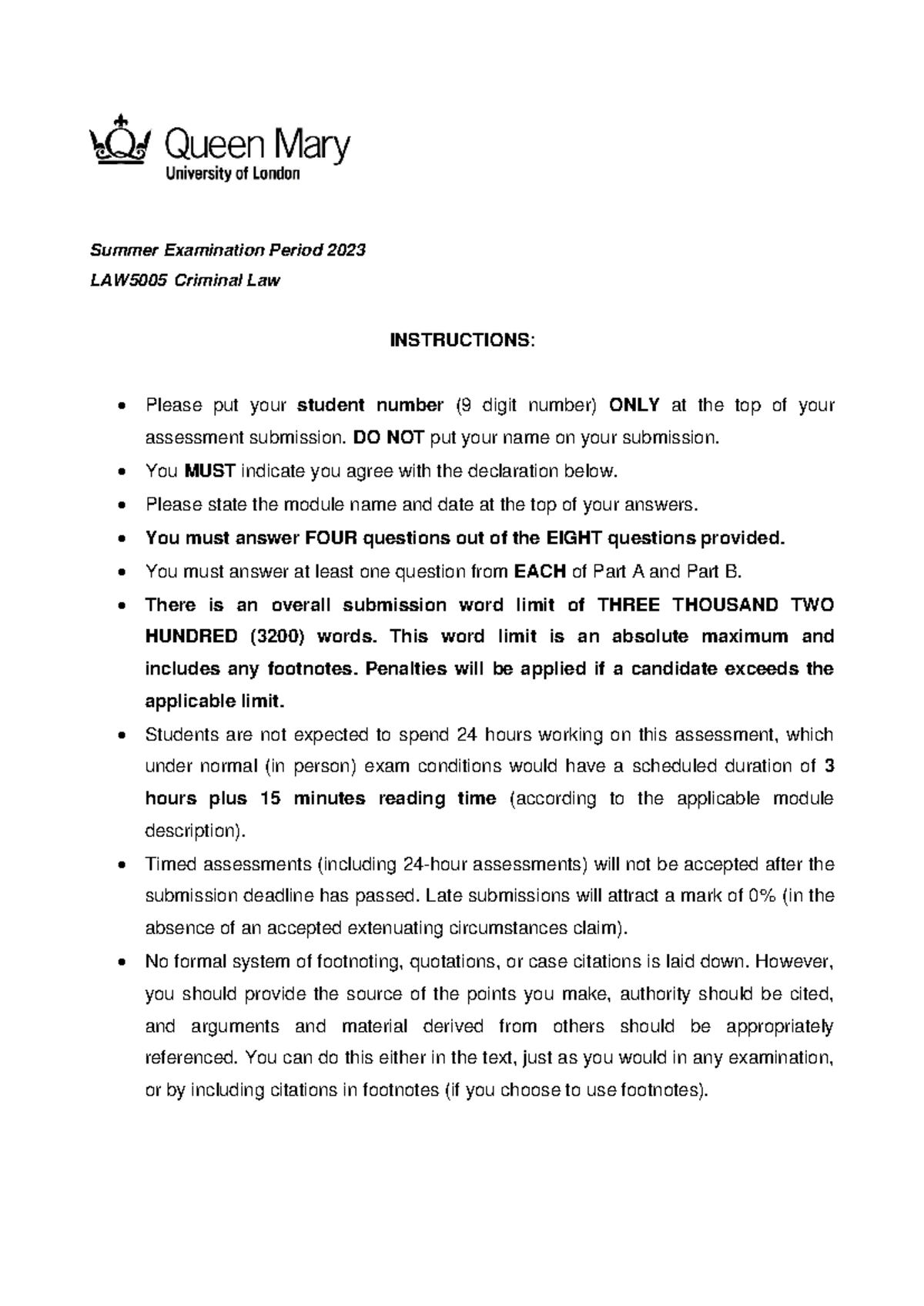 2023 - LAW5005 Criminal Law Summer Exam Paper Instructions - Studocu