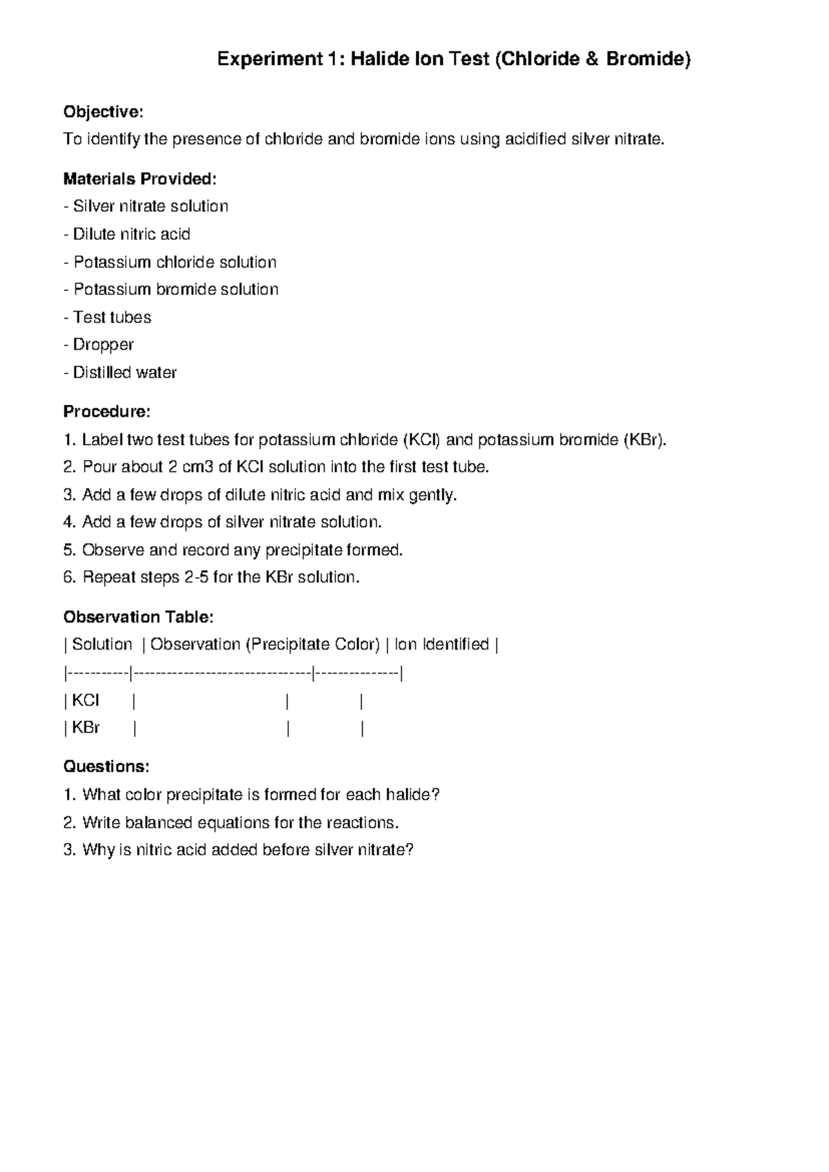 I1GCSE Chemistry Practical: Halide and Sulfate Ion Tests Guide - Studocu