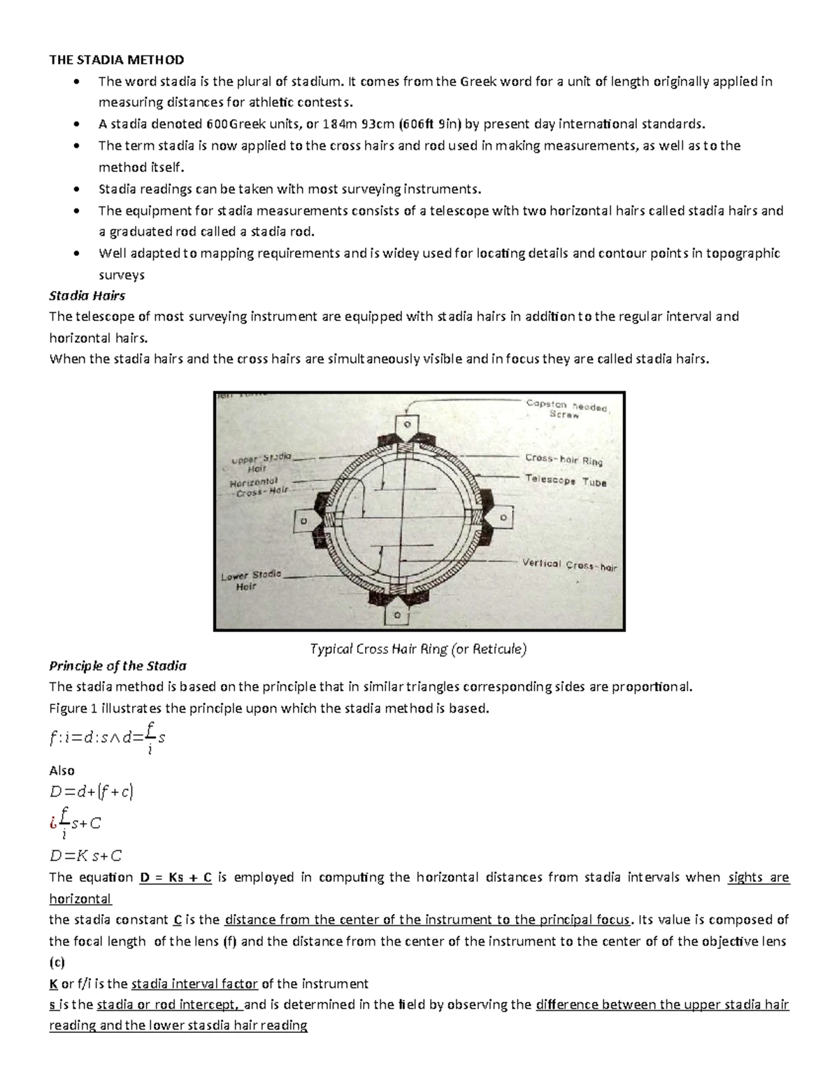 The stadia method In determining stadia interval factor (K) of a ...