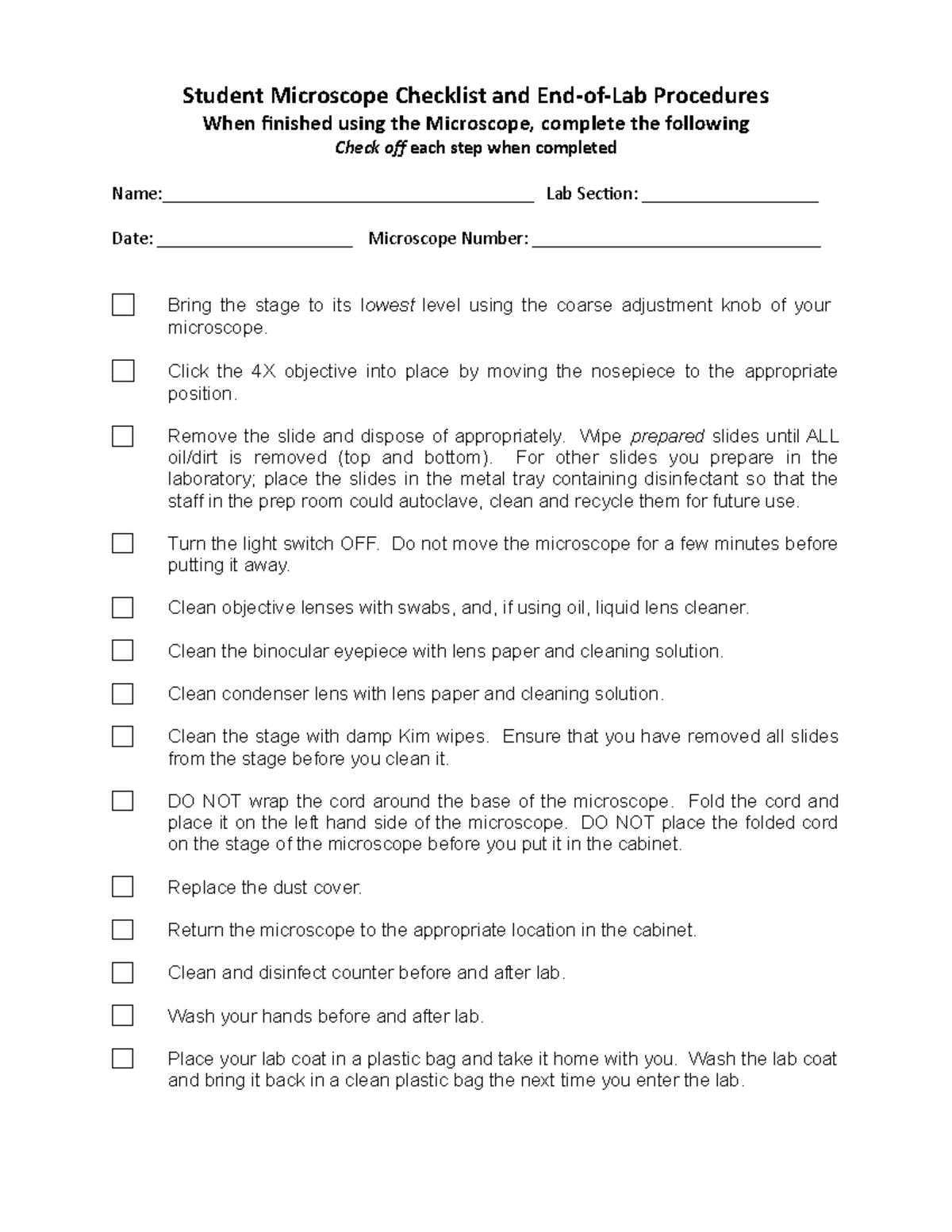 Microscope Lab Checkout Checklist for Students (Lab Procedures) - Studocu