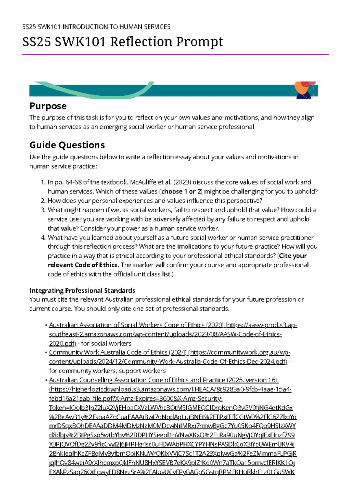 SS25 SWK101 Reflection on Values in Human Services Practice - Studocu
