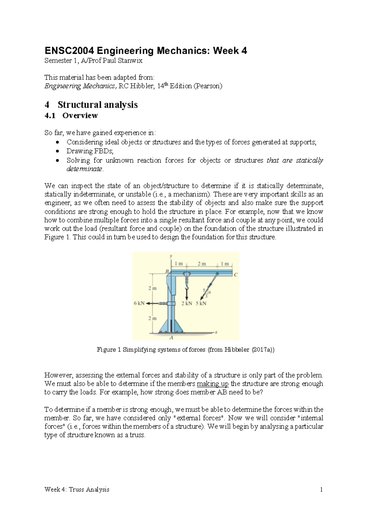 ENSC2004 Engineering Mechanics: Week 4 Truss Analysis Notes - Studocu
