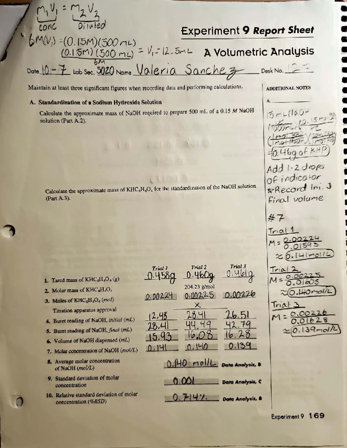 Volumetric Analysis Experiment 9 Report - Lab Sec. 020 - Studocu