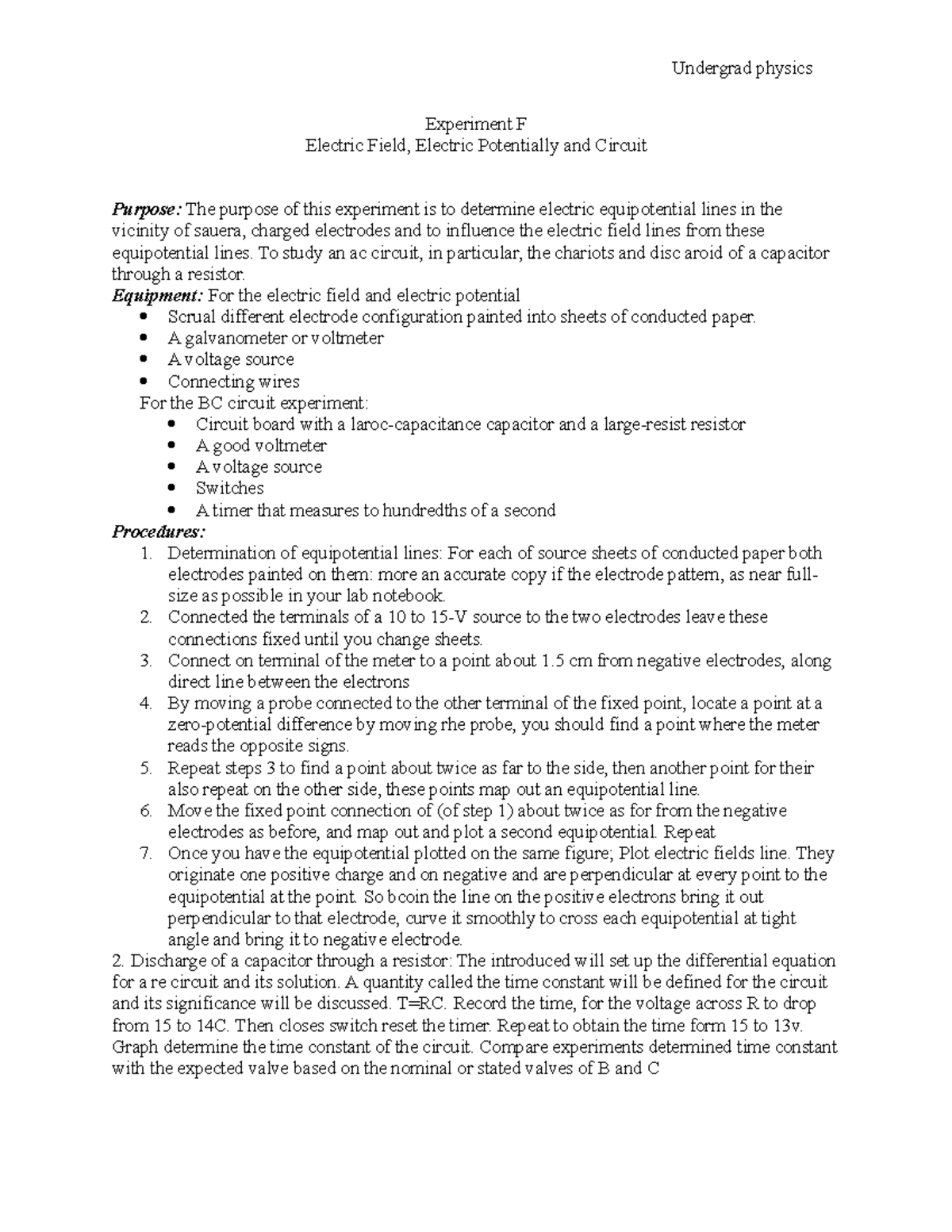 Experiment F - LAB REPORT - Experiment F Electric Field, Electric ...