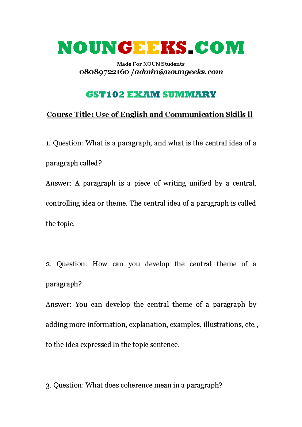 GST102 Final Exam Summary: Use of English and Communication Skills II ...