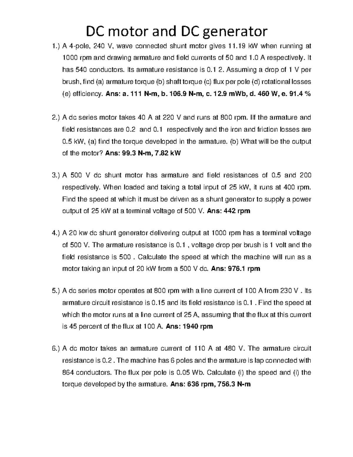 Banares BSEE 3 DC Motor & Generator Problem Set - Studocu