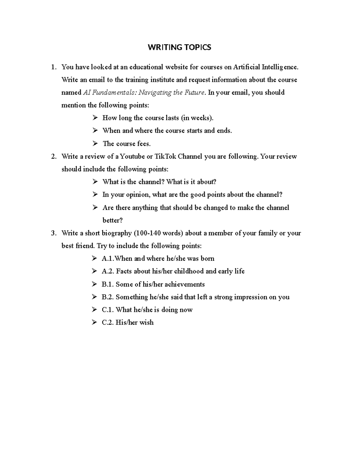 Writing Topics TANC3 - Các chủ đề thi viết để ôn tập cho bài kiểm tra ...
