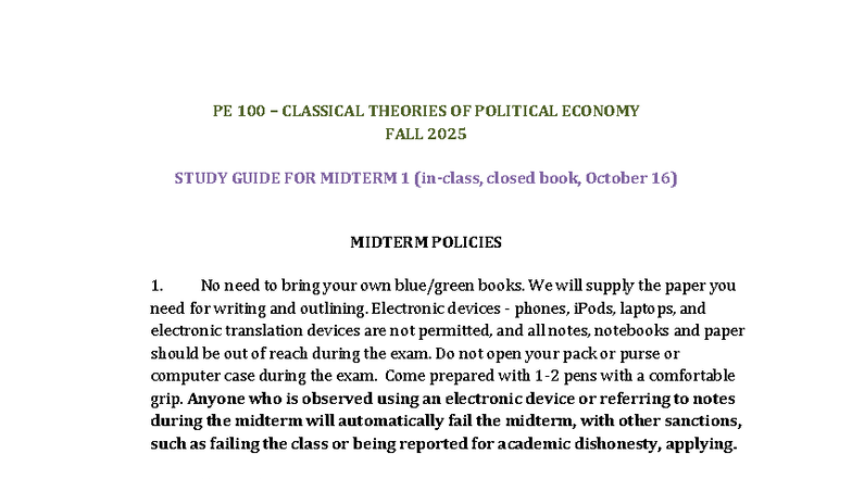 PE 100 MIDTERM 1 STUDY GUIDE: CLASSICAL POLITICAL ECONOMY FALL 2025 ...