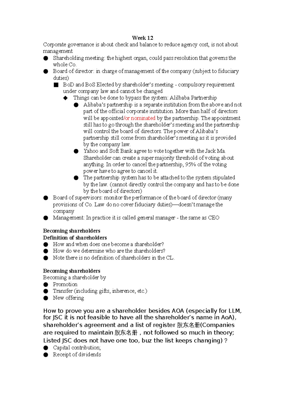 Week 12 - Corporate Governance and Shareholder Rights Lecture Notes ...