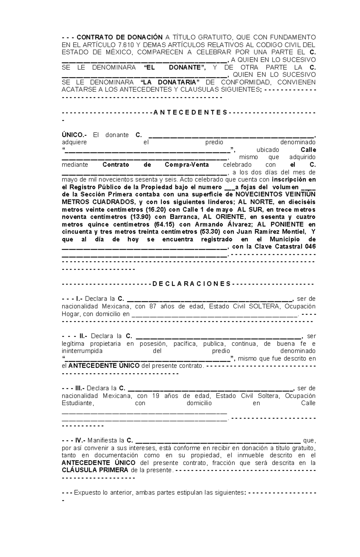 Contrato de Donación a Título Gratuito - Estado de México - Document Preview