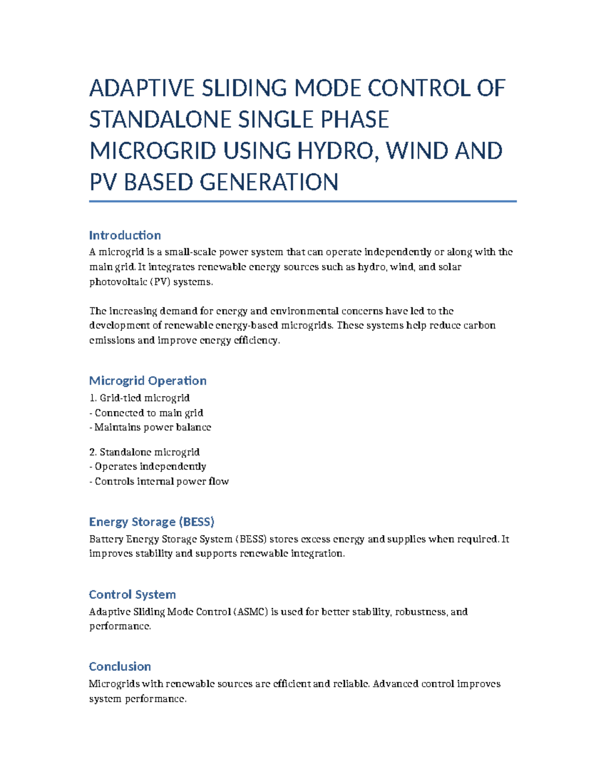 Adaptive Sliding Mode Control for Microgrid Systems: Hydro, Wind & PV ...