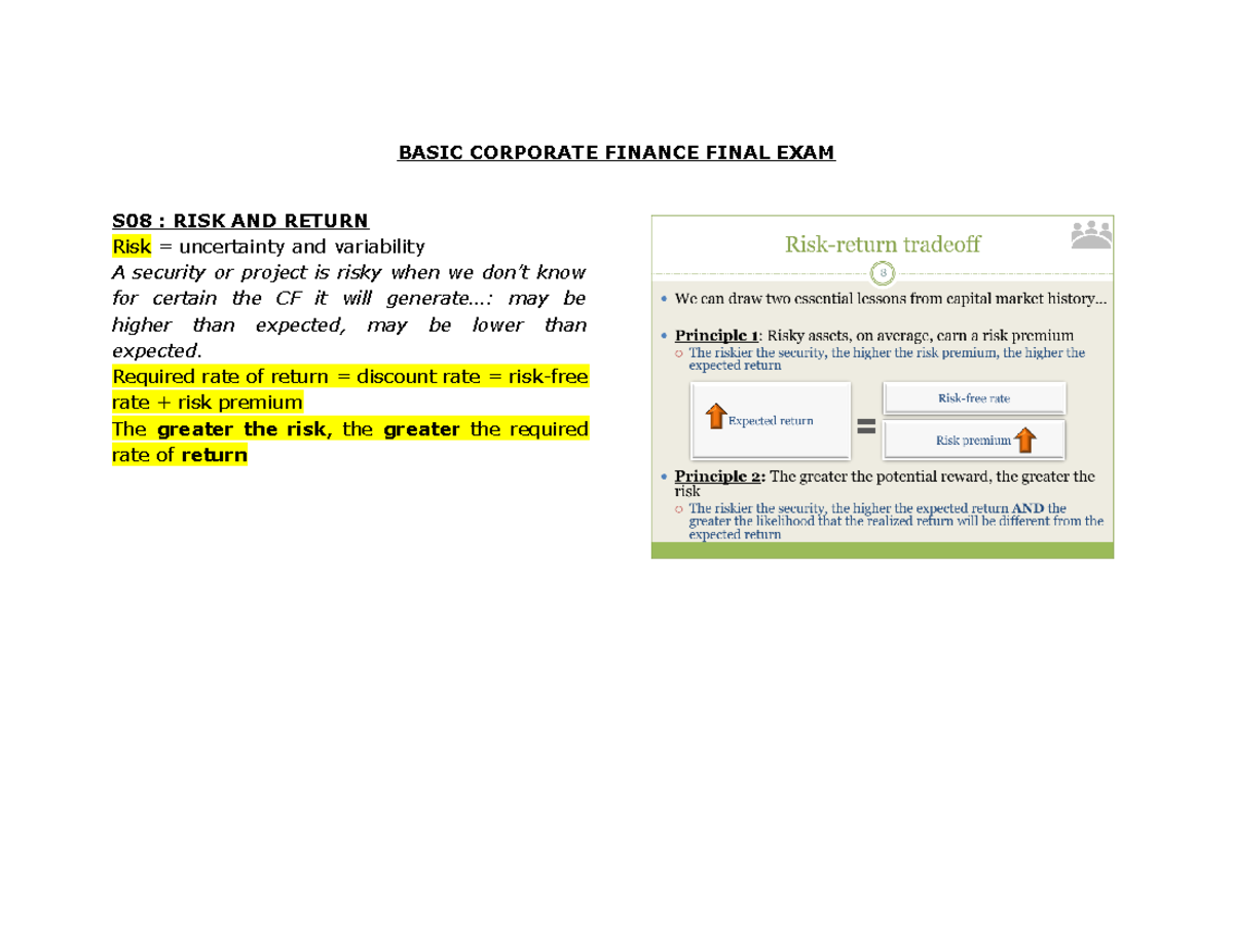 BASIC CORPORATE FINANCE S08 Final Exam Revision Notes - Studocu