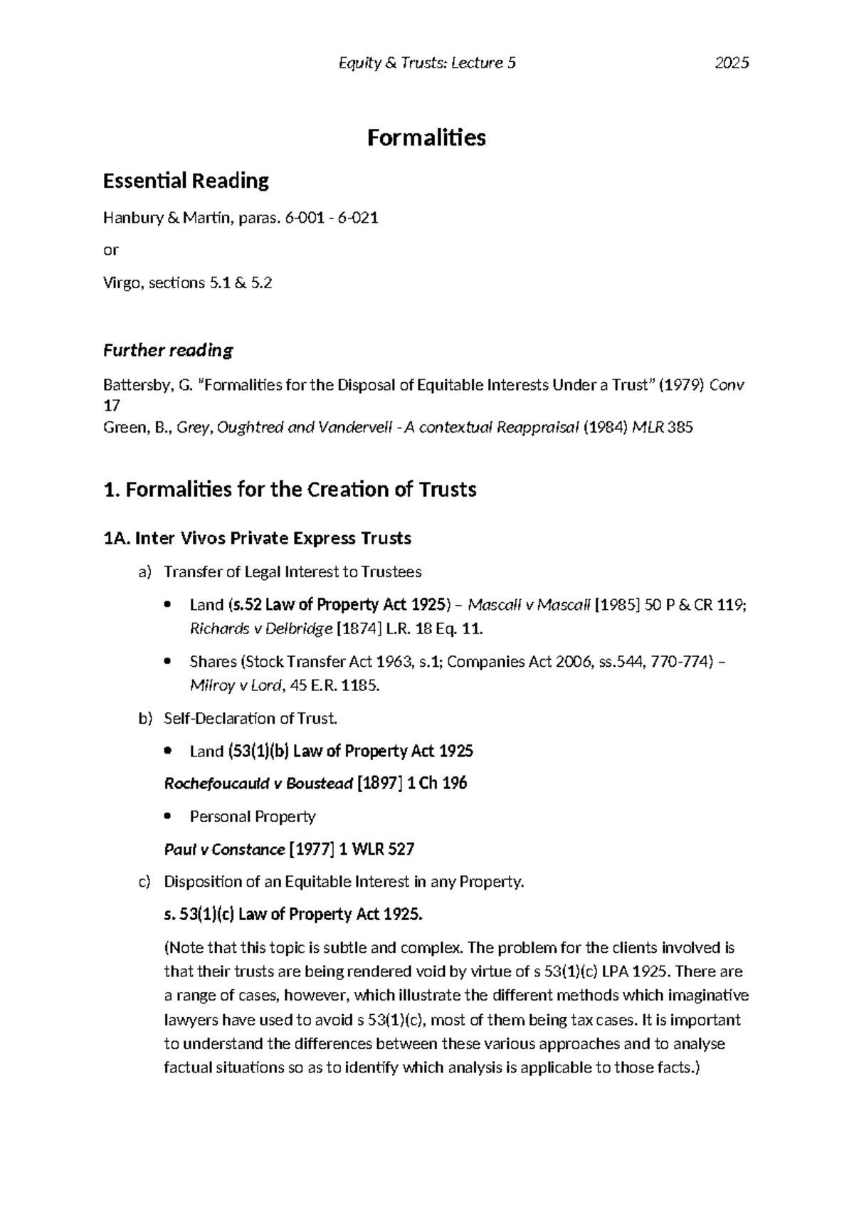 Lecture Handout 5 - Formalities 2025(1) - Equity & Trusts: Lecture 5 ...