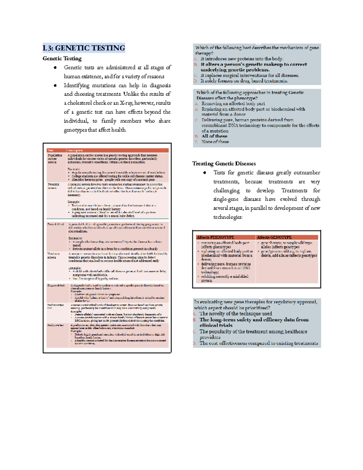 MLS104 Lesson 3: Overview of Genetic Testing and Therapies - Studocu