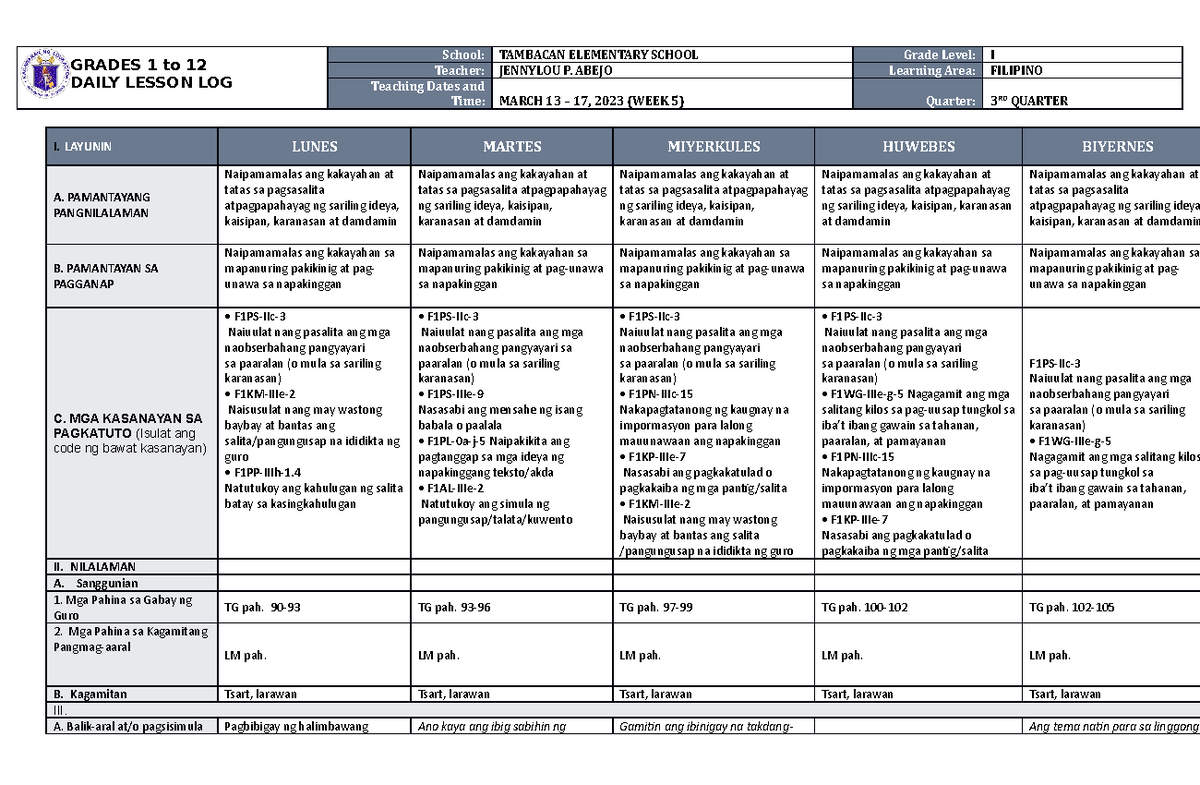 DLL Filipino 1 Q3 W5 - Daily Lesson Log for March 13-17, 2023 - Studocu