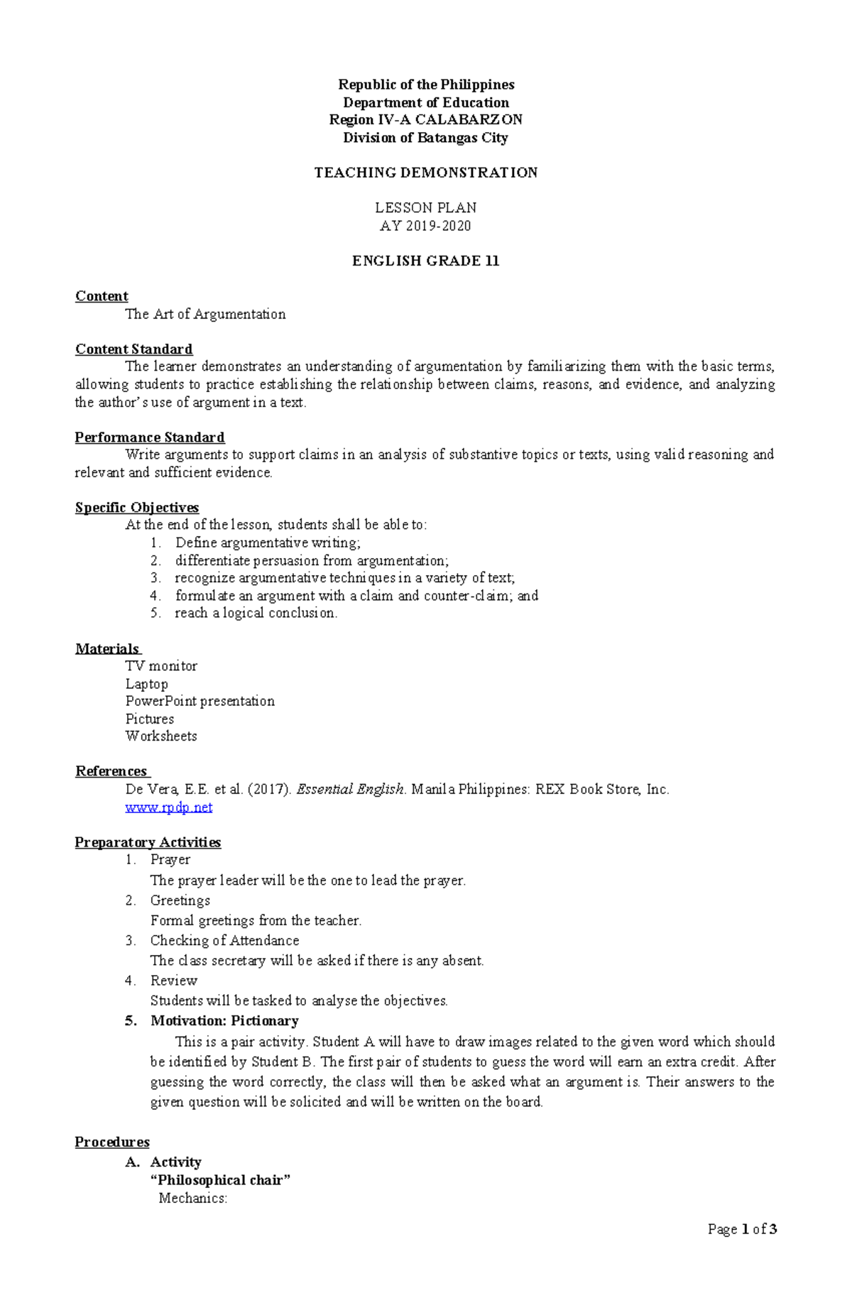Teaching Demonstration Lesson Plan AY ENGLISH GRADE 11: The Art of ...
