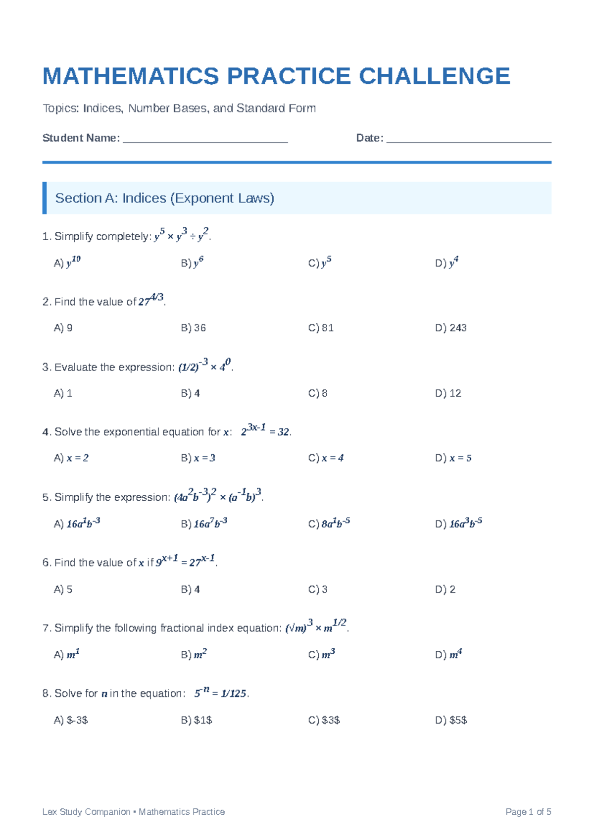 MATHEMATICS PRACTICE WORKSHEET: Indices, Number Bases & Standard Form ...