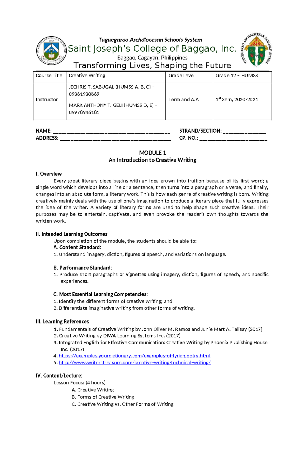 Module 1 - Lecture Notes for Creative Writing (HUMSS 12) - Studocu