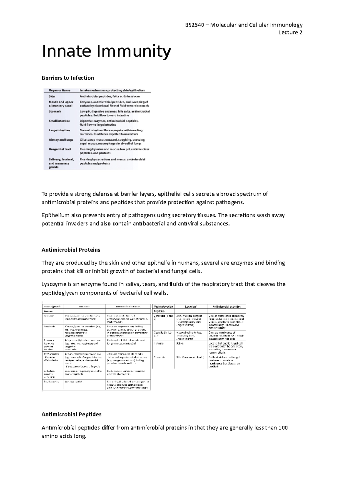 2 - Innate Immunity - Lecture notes 2 - BS2540 – Molecular and Cellular ...