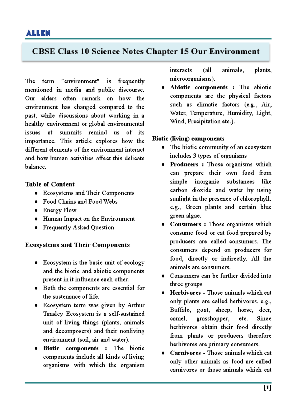 CBSE Class 10 Science Notes: Chapter 15 - Our Environment - Studocu
