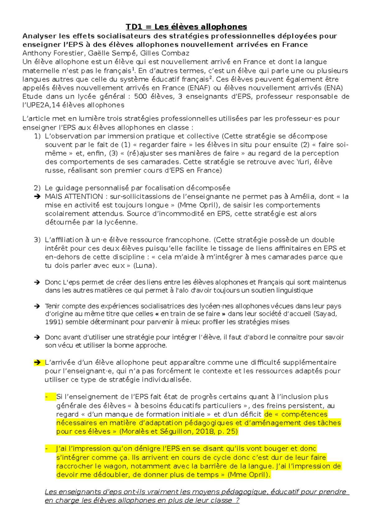 Stratégies Pédagogiques pour Élever les Élèves Allophones en EPS - Studocu
