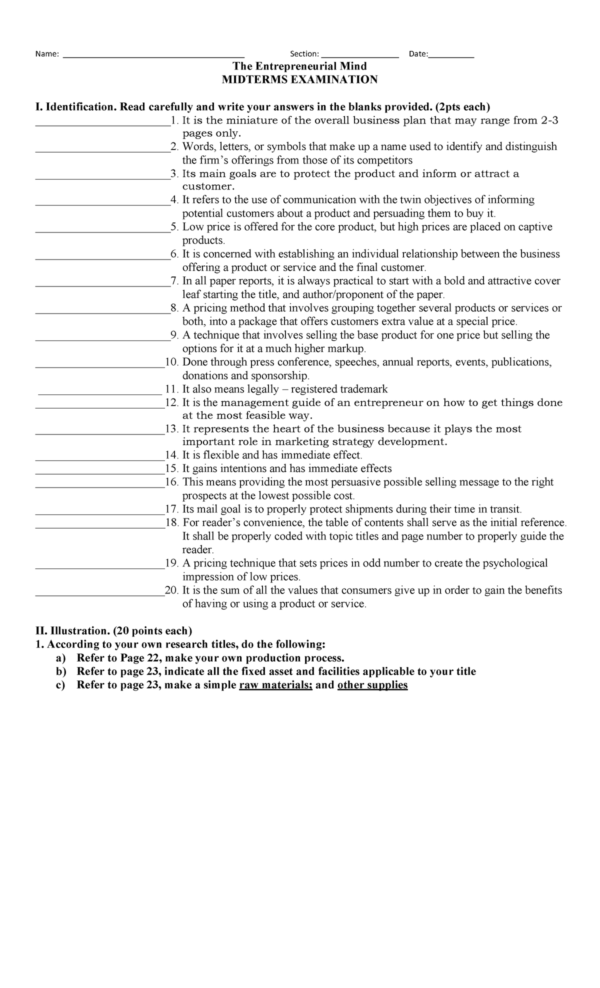 Entrep 101 - Midterms Exam Sample Questions & Identification Tasks ...