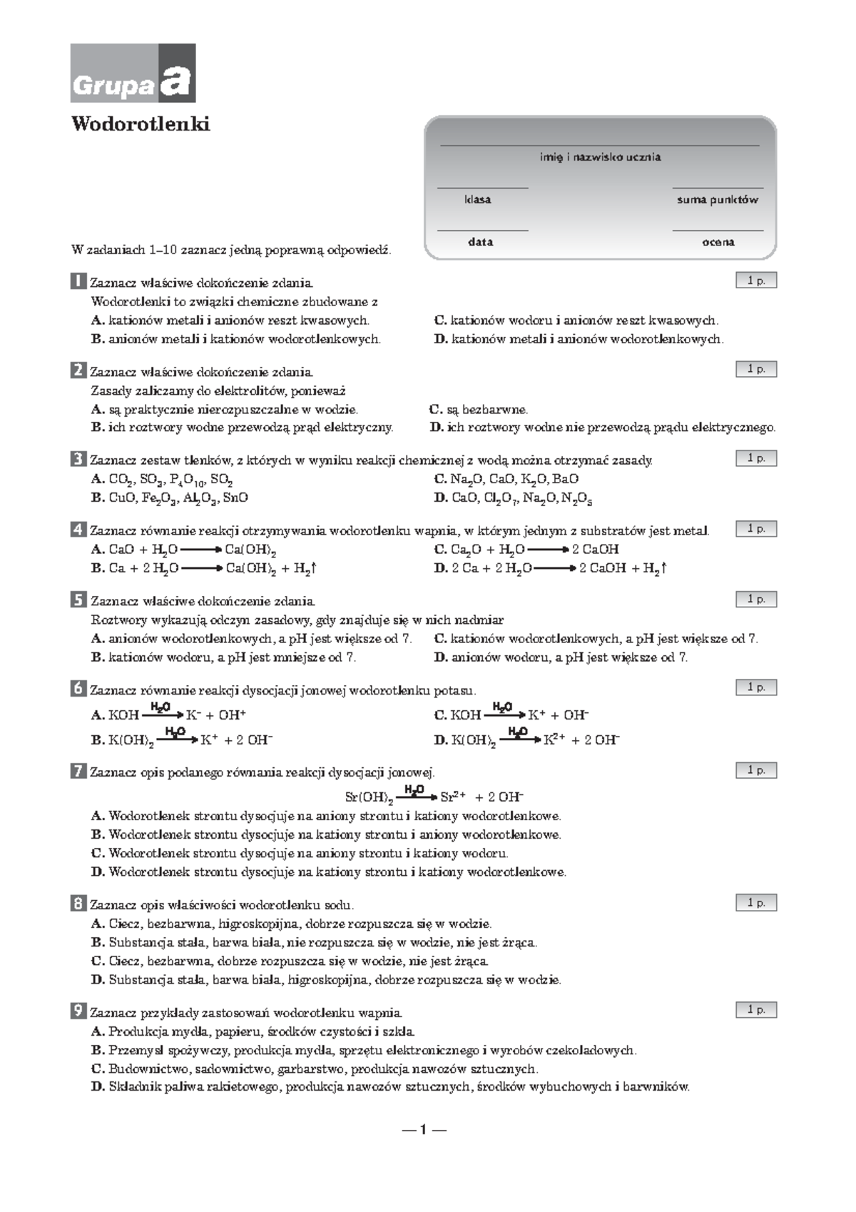 Sprawdzian Nowa Era 2 Wodorotlenki Grupa A I B www.studocu.com