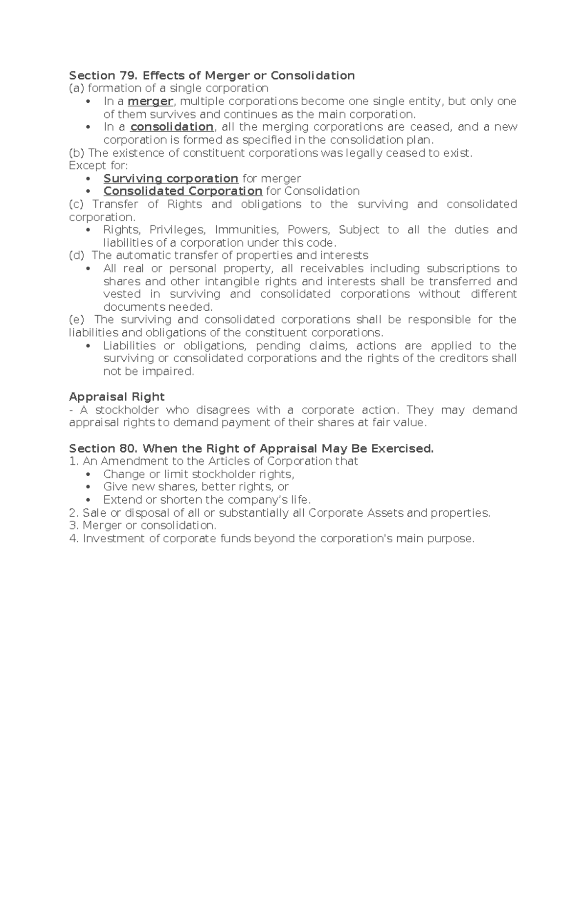 Section 79-80: Short Notes on Merger, Consolidation & Appraisal Rights ...