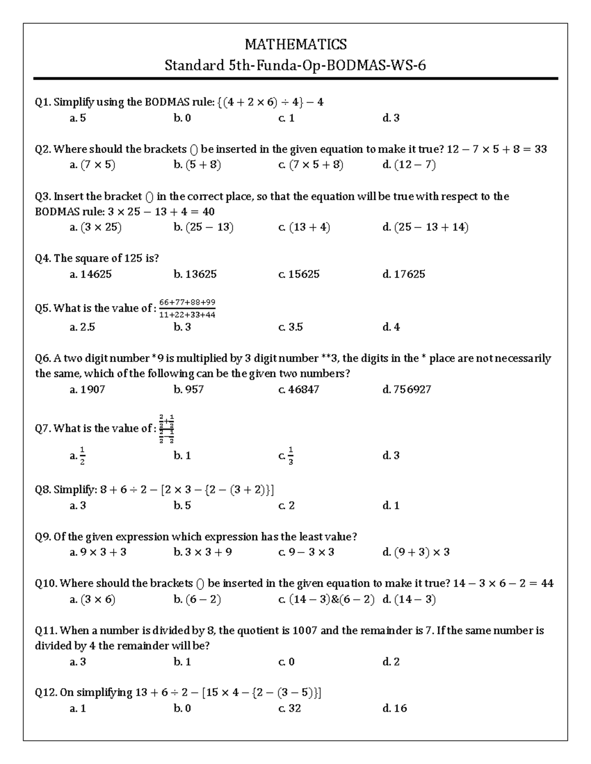 MATHEMATICS 762334842 - BODMAS Simplification Practice Questions - Studocu