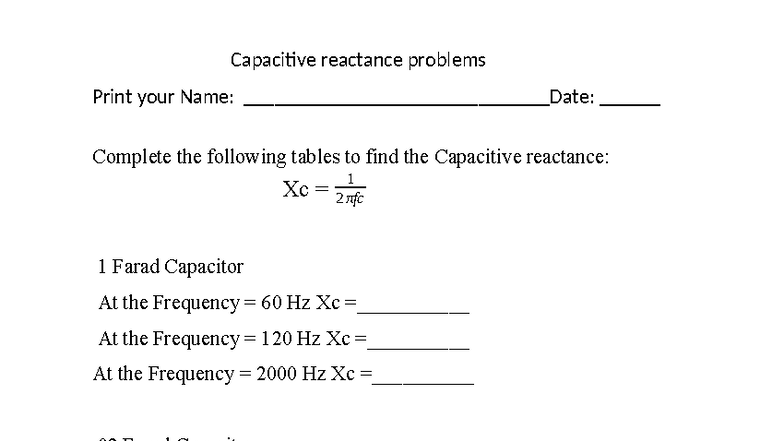 Capacitive Reactance Problems and Calculations - Capacitive reactance