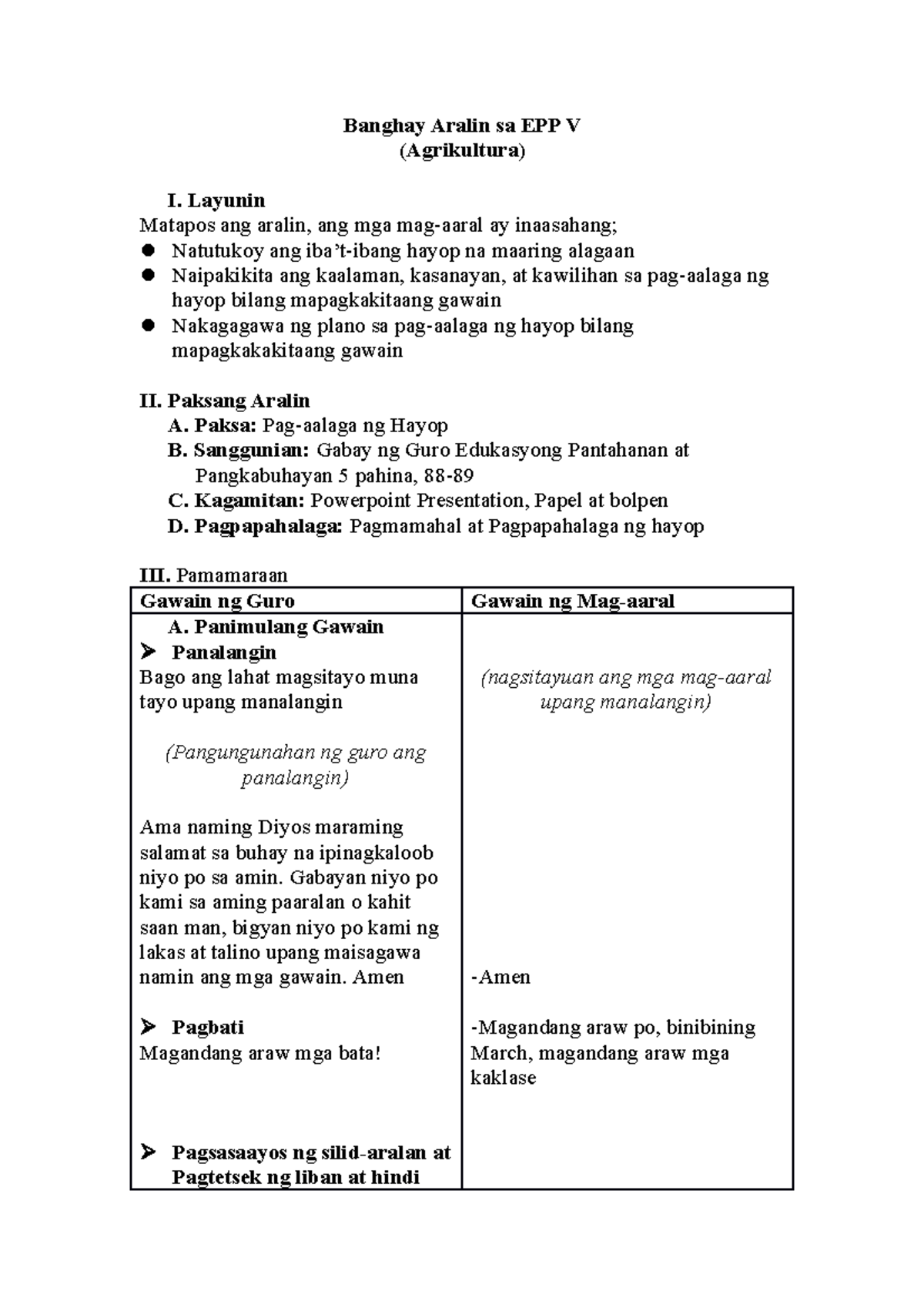 Grade 5 EPP V Lesson Plan on Agrikultura: Hayop na Aalaga - Studocu