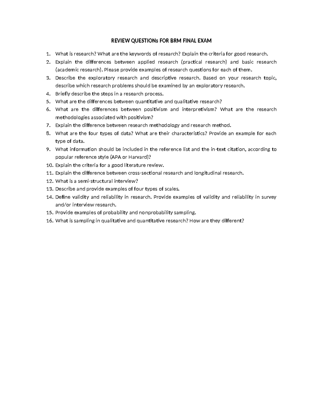 REVIEW QUESTIONS FOR BRM FINAL EXAM: Key Research Concepts - Studocu