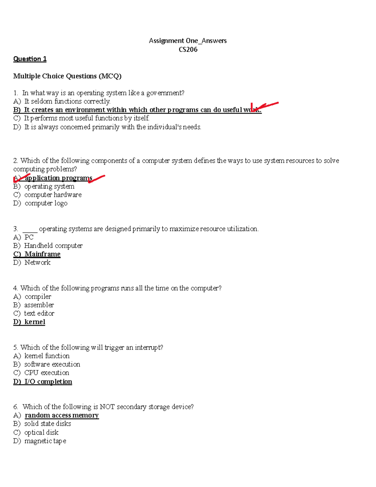 CS Assignment 1: Answers to MCQ and Short Questions - Studocu