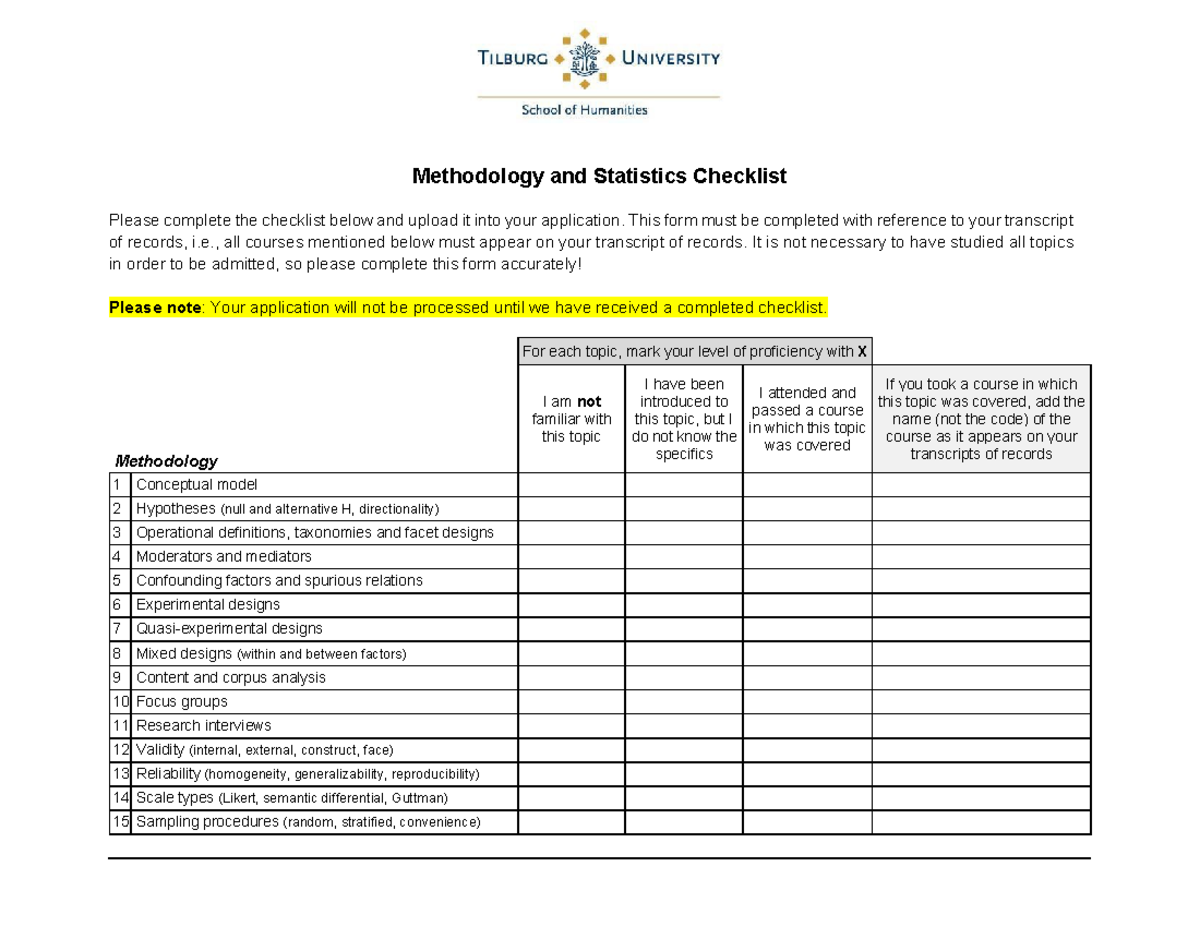 Methodology & Statistics Checklist TSHD - Application Requirements ...