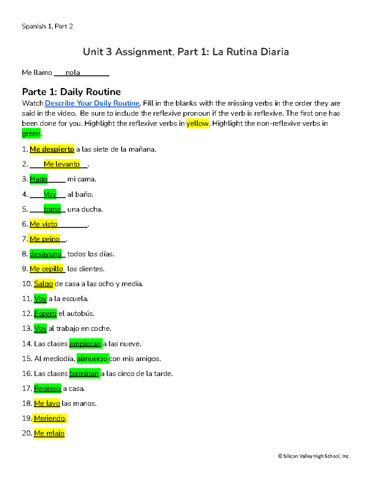 Spanish 1, Part 2: Unit 3 Assignment - Daily Routine Description - Studocu