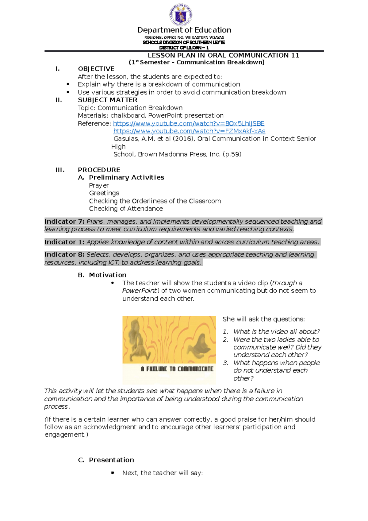 Lesson Plan on Communication Breakdown (Oral Com 11 - 1st Sem) - Studocu