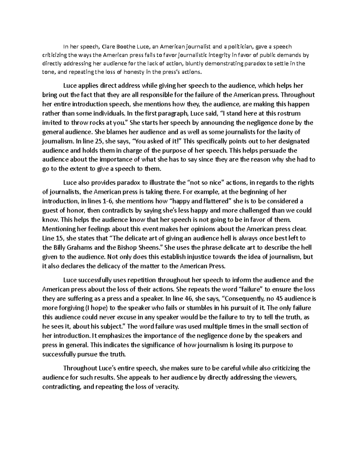 Clare Boothe Luce - Research - In her speech, Clare Boothe Luce, an ...
