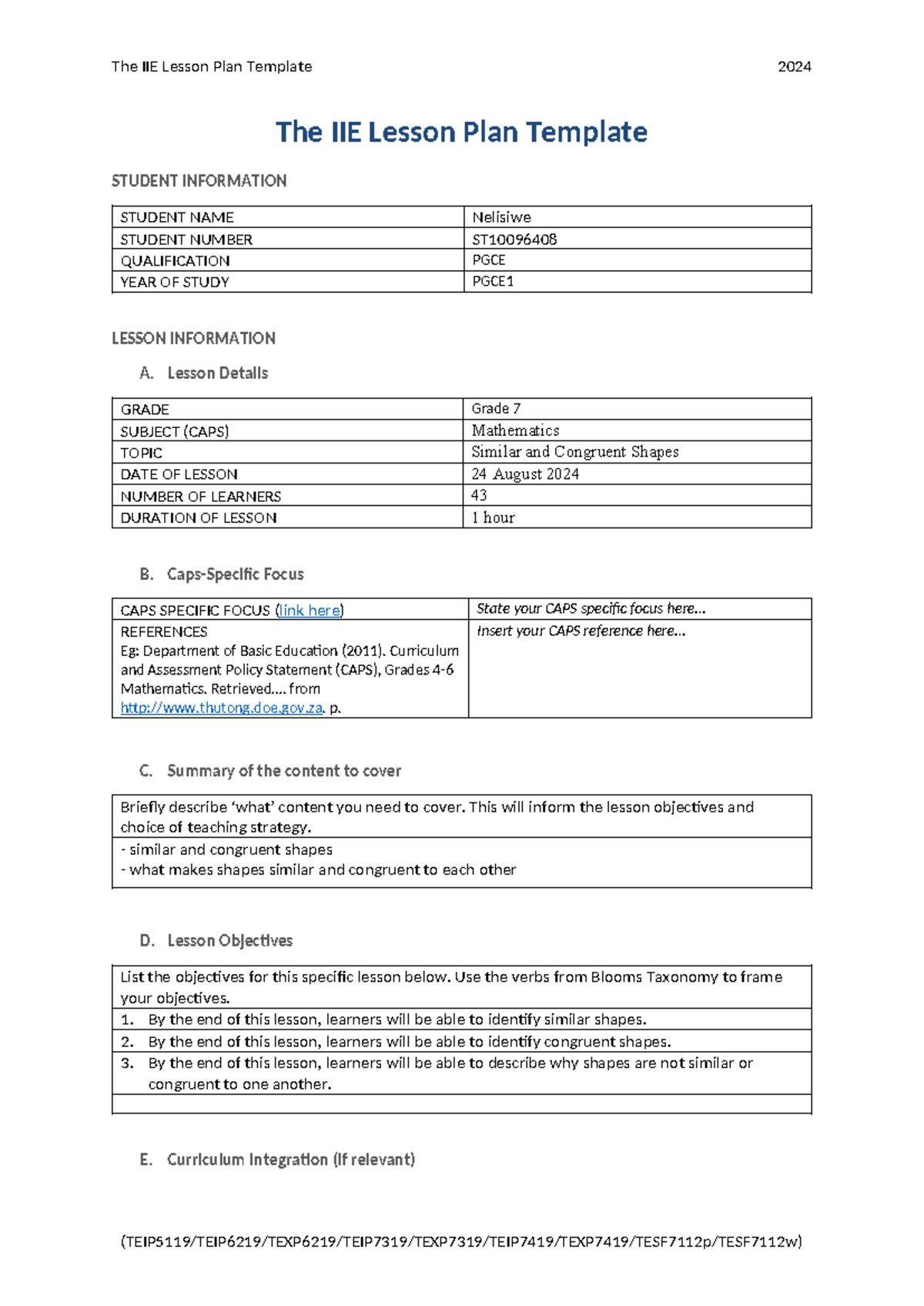 IIE PGCE Lesson Plan: Similar and Congruent Shapes for Grade 7 Math ...