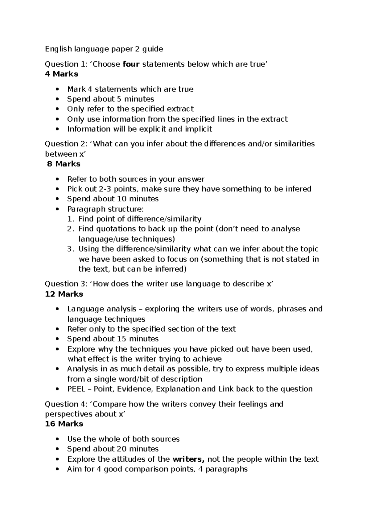 English Language Paper 2 Guide: Walkthrough for Questions 1-4 - Studocu