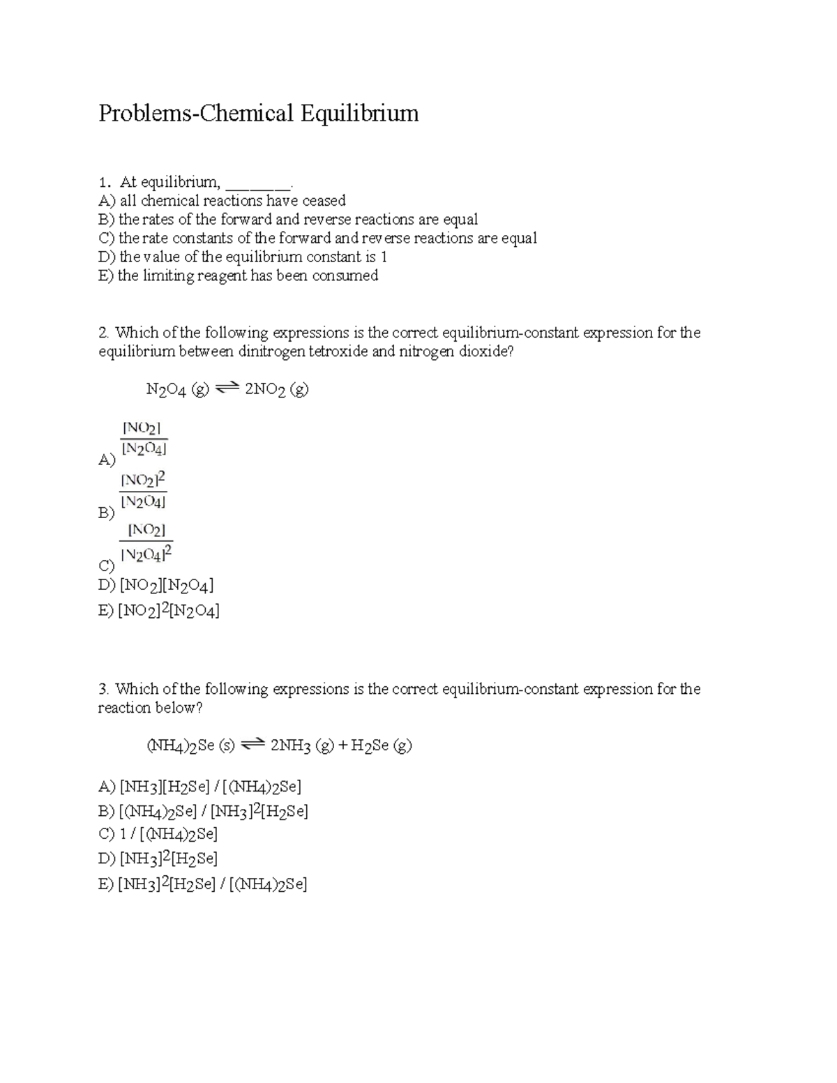 Chemical Equilibrium Practice Problems for CHEM101 Midterm Review - Studocu