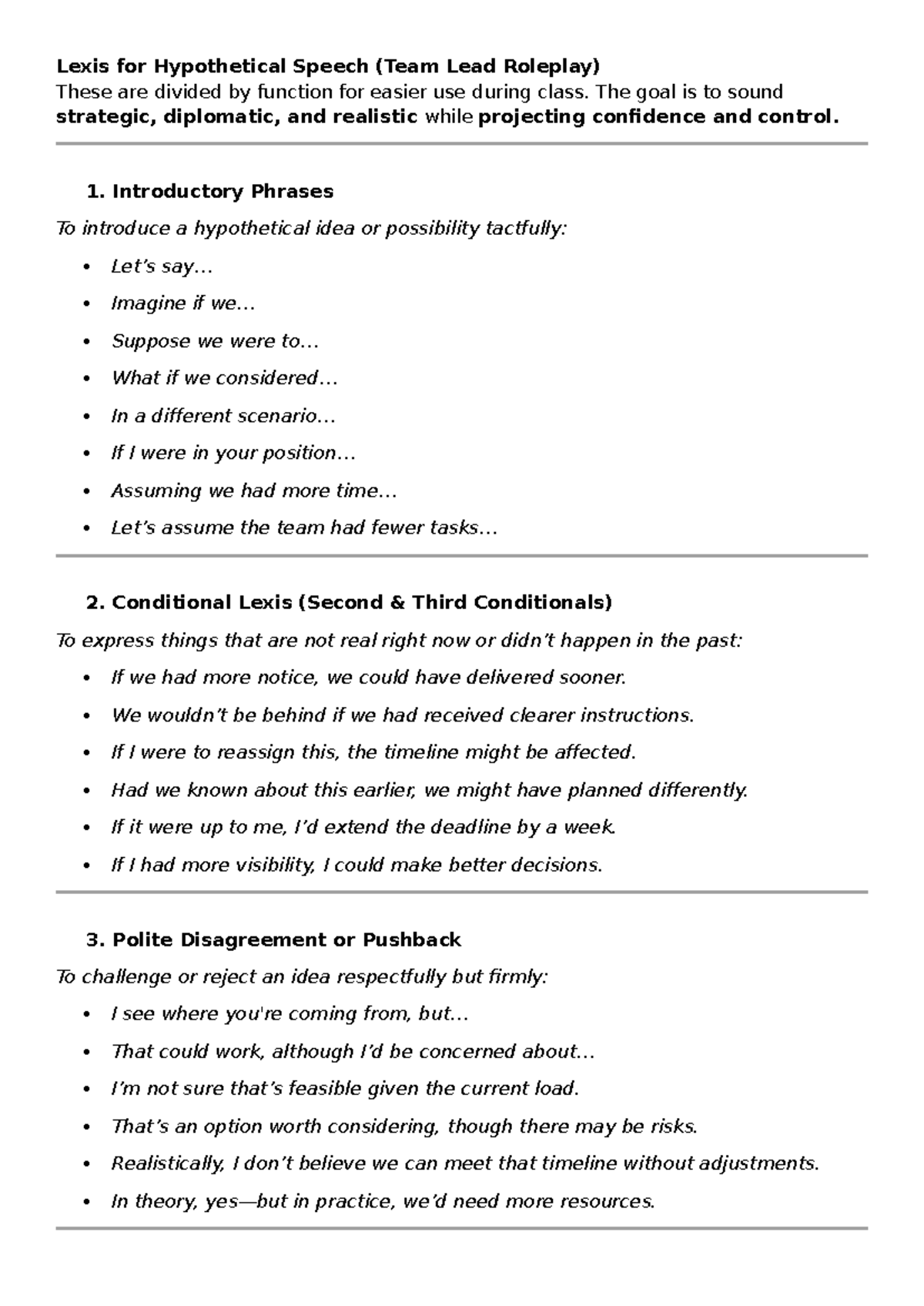 Lexis for Hypothetical Speech (Team Lead Roleplay) - Class Notes - Studocu